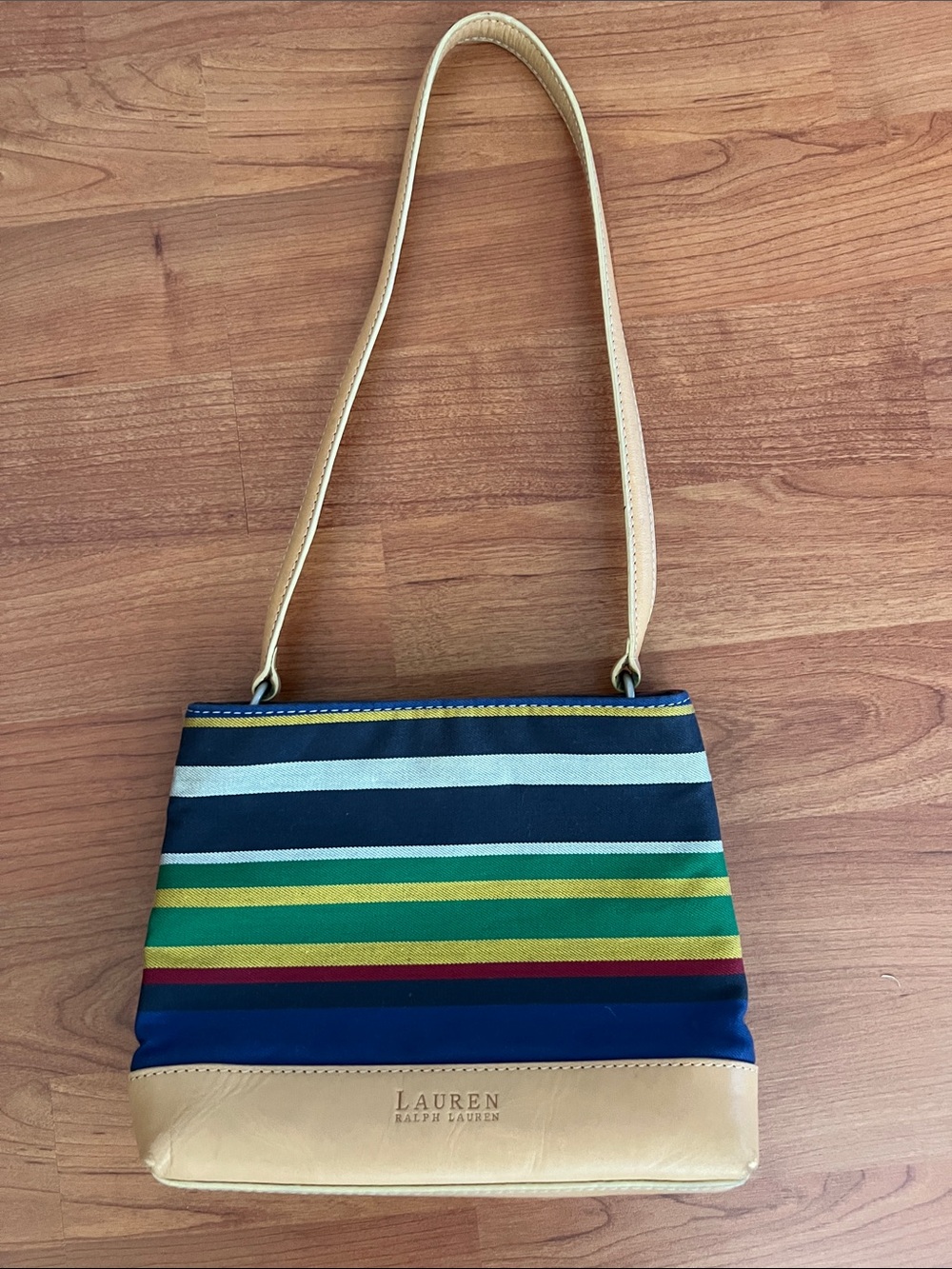 Lauren Ralph Lauren Navy Multistripe Shoulder Bag with Tan Trim